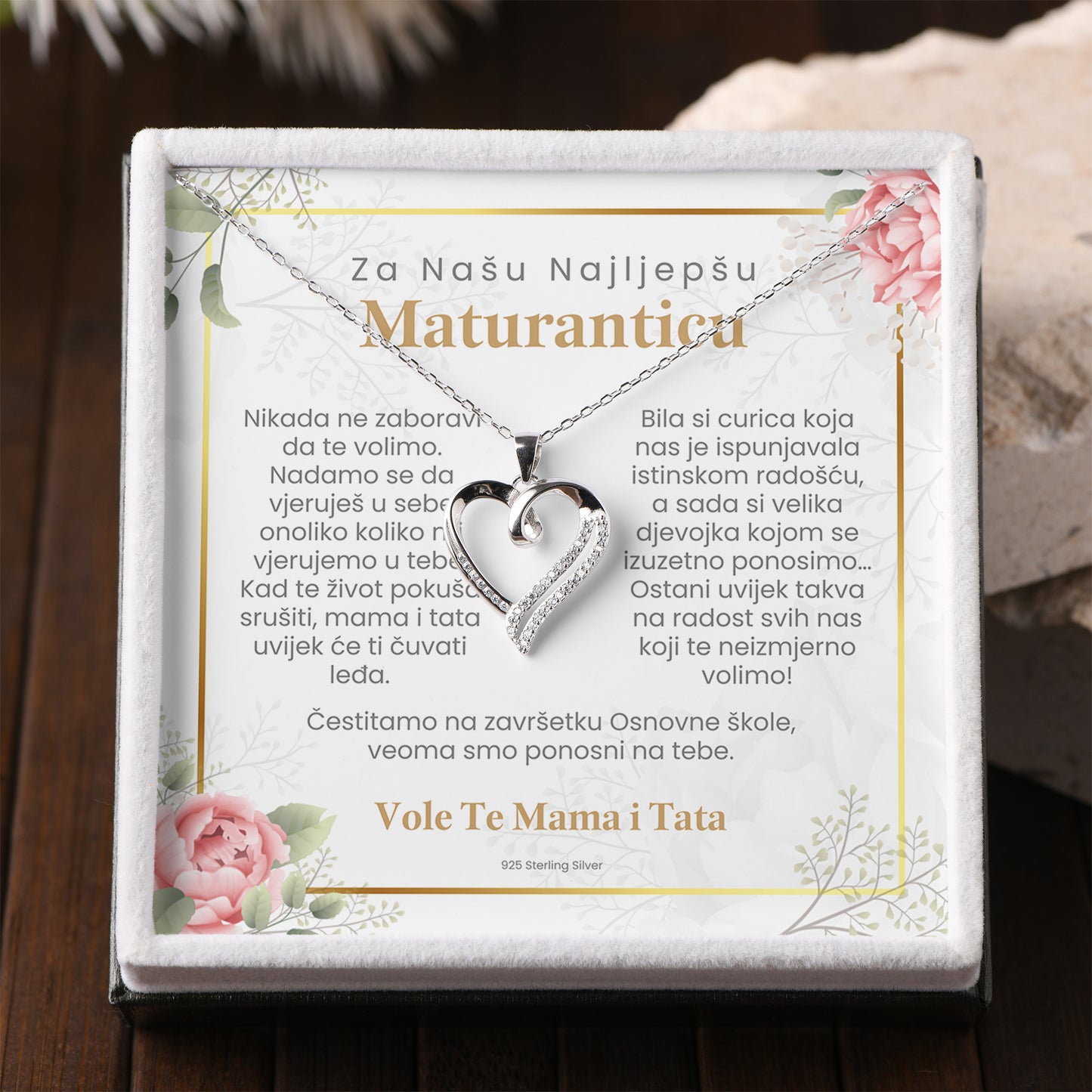 Za Najljepšu Maturanticu - 925 Srebreni Lančić sa Porukom - Poklon za Maturu od Mame i Tate (Osnovna škola) - Moments & Co HR